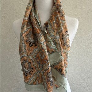 Echo Silk Paisley Scarf in Sage, Blue and Mustard -